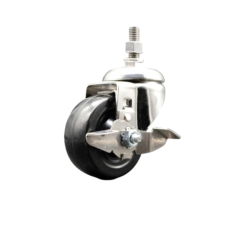 Soft Rubber Swivel Stem Caster with 3.5 in. Black Caster Wheel & Top Lock Brake 10 mm Threaded Stem 316 Stainless Steel Caster