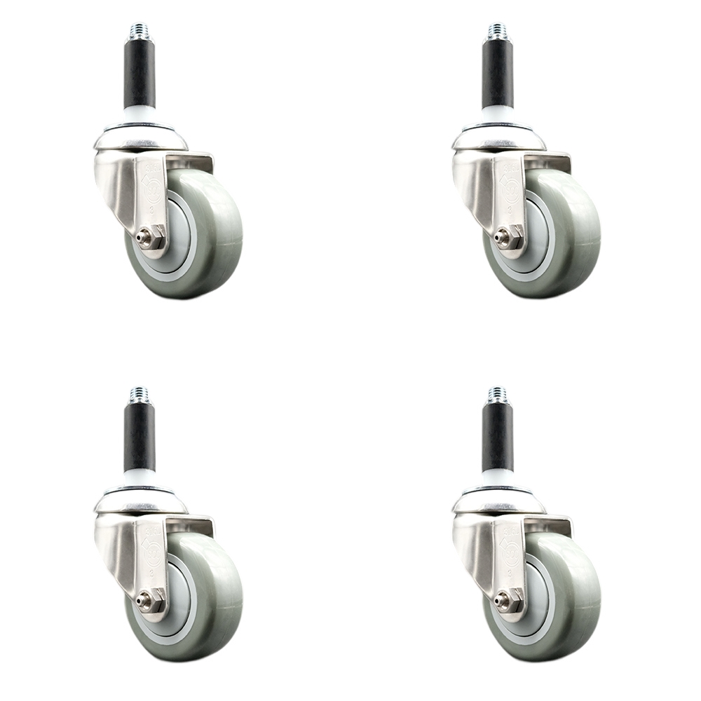 Polyurethane Swivel Stem Caster with 3.5 in. Gray Caster Wheels, 0.75 in. Expanding Stems - 316 Stainless Steel Casters - Set of 4