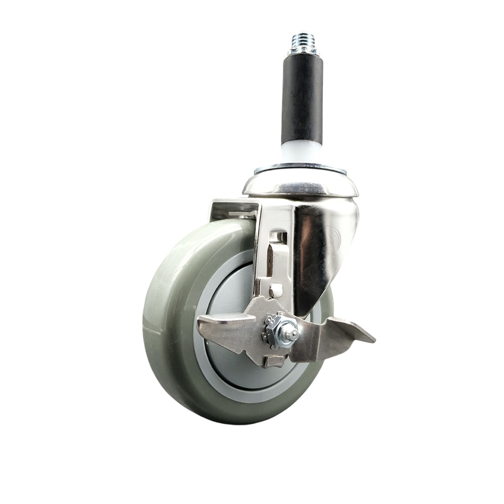 Polyurethane Swivel Stem Caster with 4 in. Gray Caster Wheels & Top Lock Brake, 0.75 in. Expanding Stem - 316 Stainless Steel Caster