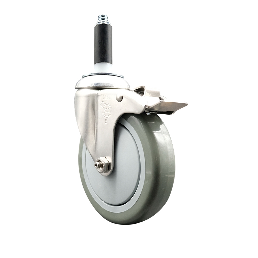 Polyurethane Swivel Stem Caster with 5 in. Gray Caster Wheels & Total Lock Brake, 0.75 in. Expanding Stem - 316 Stainless Steel Caster