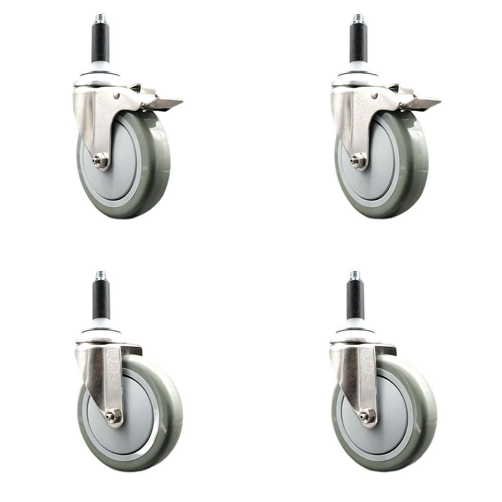 Polyurethane Swivel Stem Caster with 5 in. Gray Caster Wheels, 0.75 in. Expanding Stem - 316 Stainless Steel Casters - Set of 4