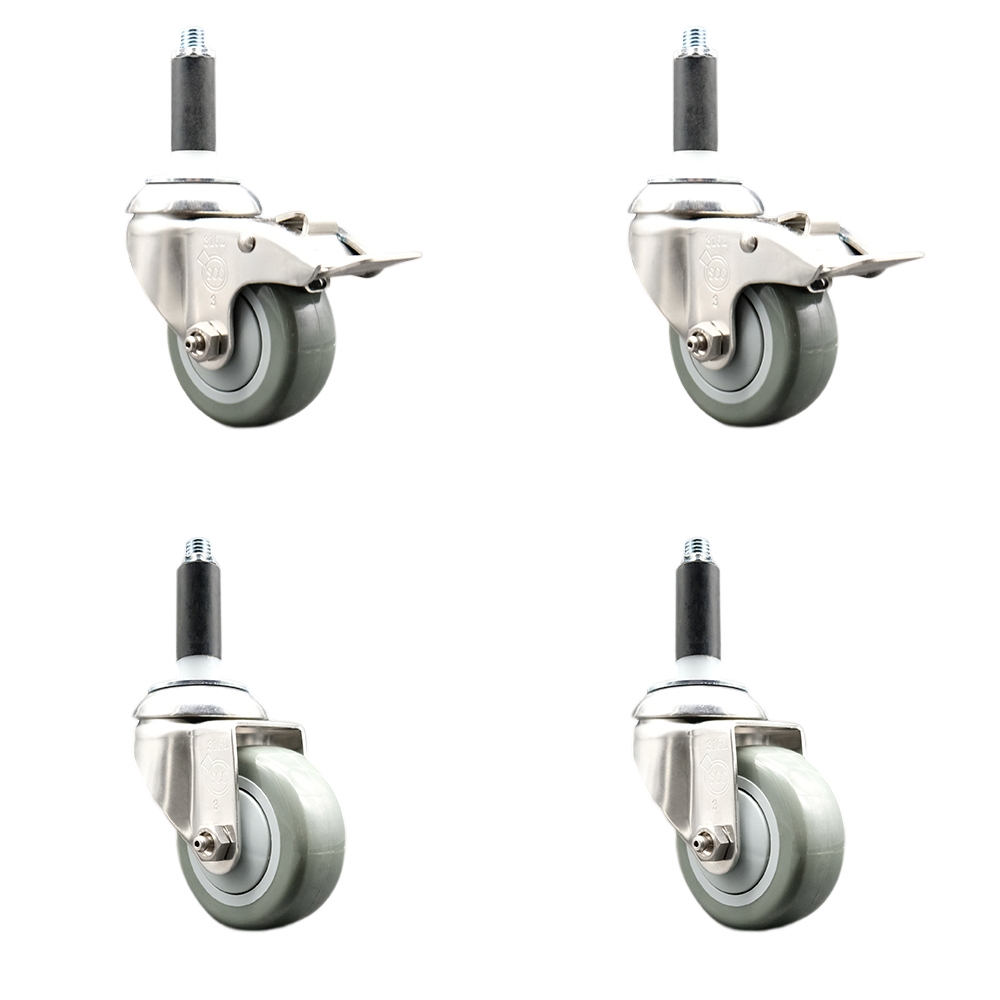 Polyurethane Swivel Stem Caster with 3.5 in. Gray Caster Wheels, 0.87 in. Expanding Stem - 316 Stainless Steel Casters - Set of 4
