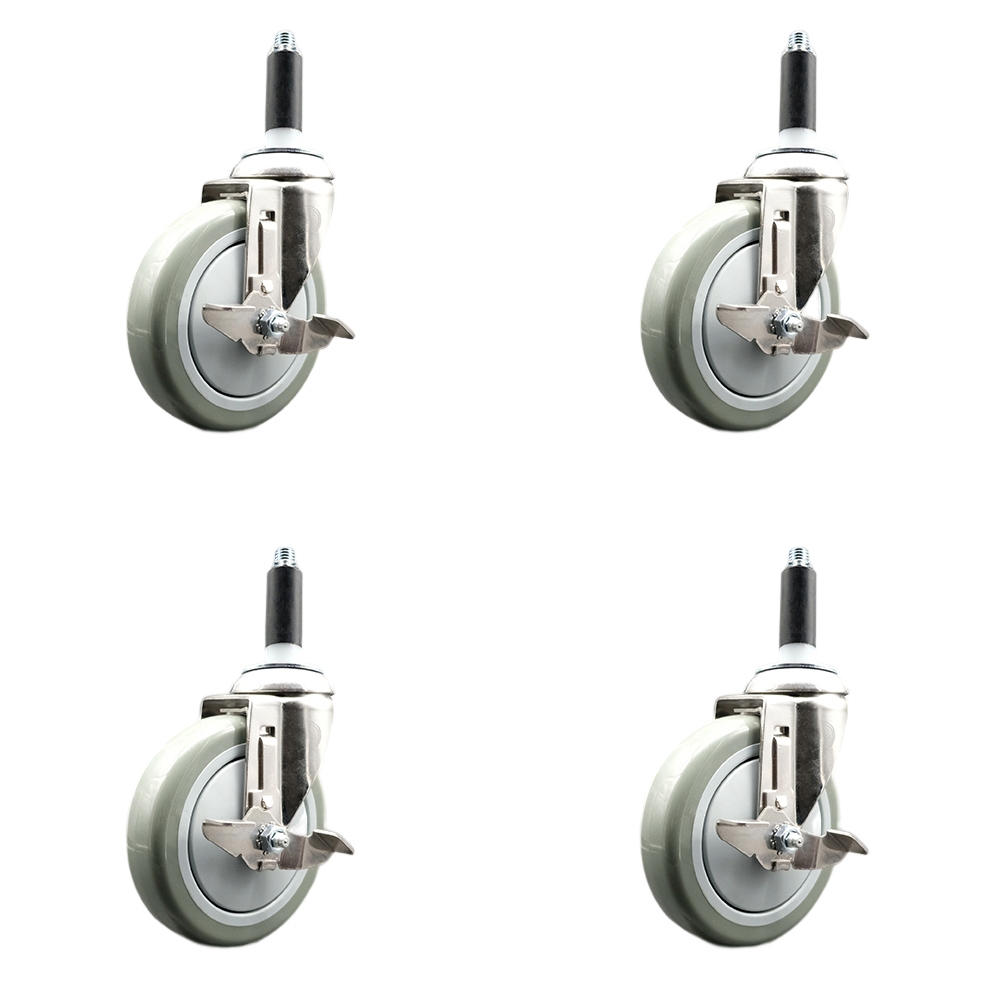 Polyurethane Swivel Stem Caster with 5 in. Gray Caster Wheels, 0.87 in. Expanding Stems - 316 Stainless Steel Casters - Set of 4