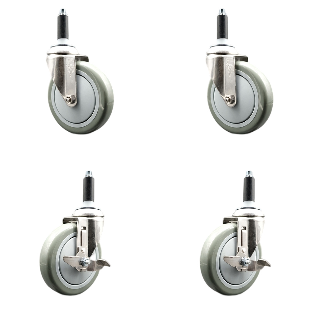 Polyurethane Swivel Stem Caster with 5 in. Gray Caster Wheels, 0.87 in. Expanding Stems - 316 Stainless Steel Casters - Set of 4