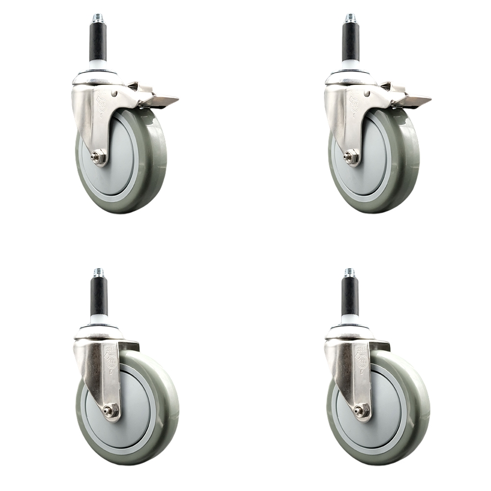 Polyurethane Swivel Stem Caster with 5 in. Gray Caster Wheels, 0.87 in. Expanding Stem - 316 Stainless Steel Casters - Set of 4