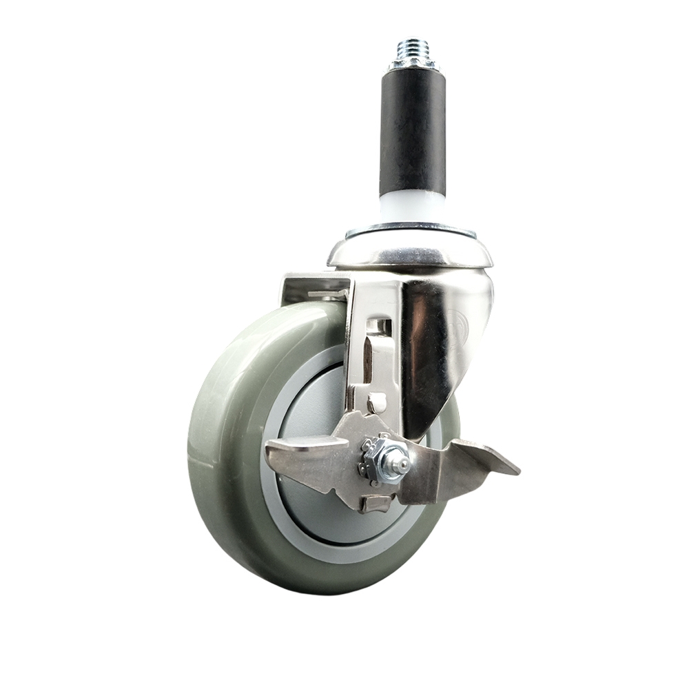 Polyurethane Swivel Stem Caster with 4 in. Gray Caster Wheels & Top Lock Brake, 1 in. Expanding Stem - 316 Stainless Steel Caster