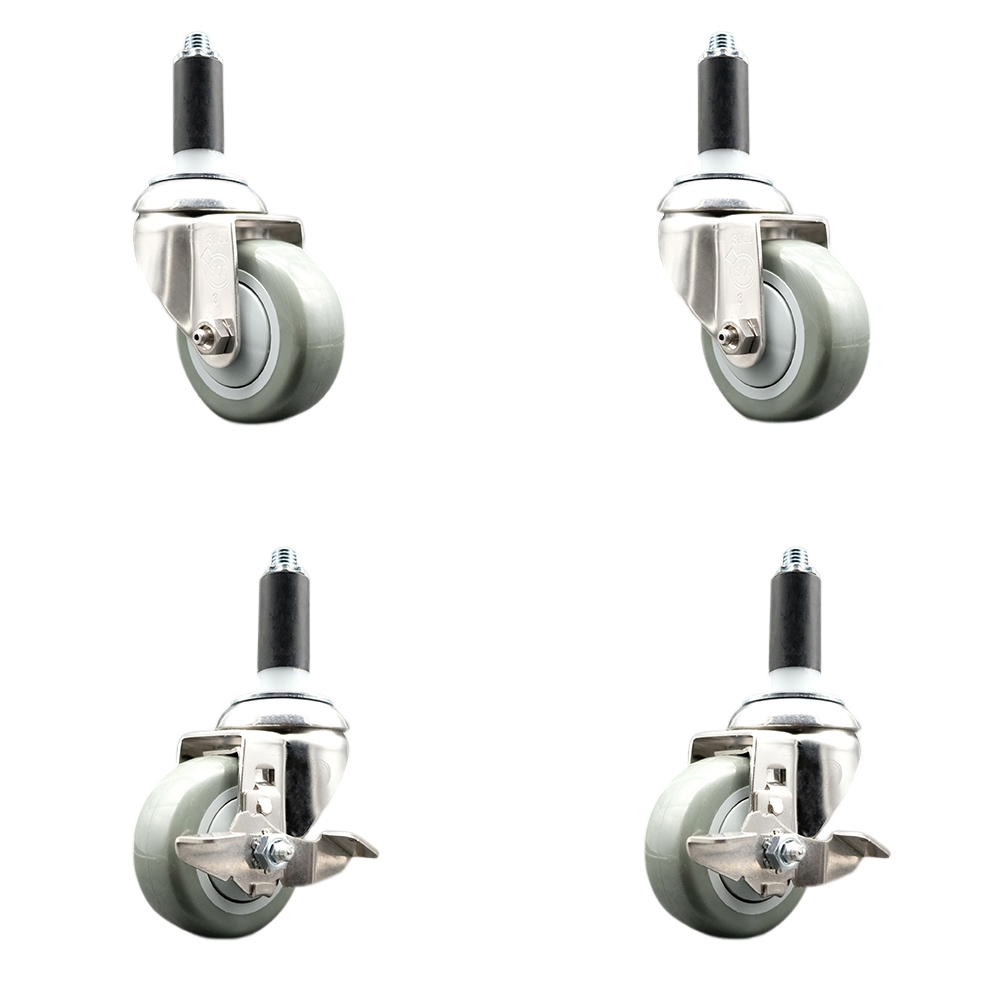 Polyurethane Swivel Stem Caster with 3 in. Gray Caster Wheels, 1.13 in. Expanding Stems - 316 Stainless Steel Casters - Set of 4