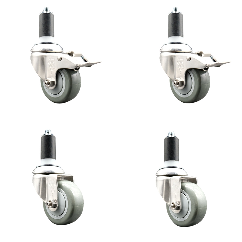 Polyurethane Swivel Stem Caster with 3.5 in. Gray Caster Wheels, 1.25 in. Expanding Stem - 316 Stainless Steel Casters - Set of 4