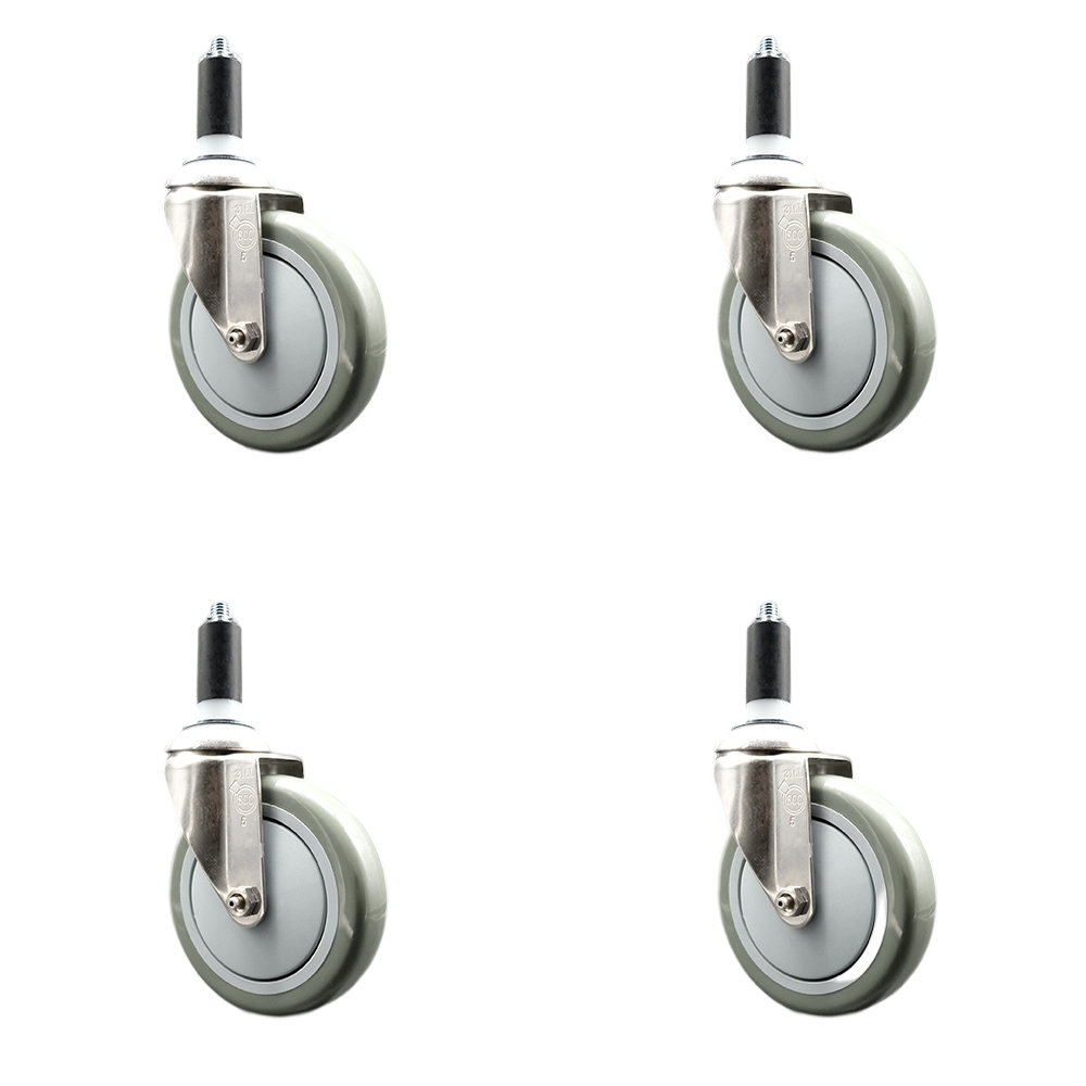 Polyurethane Swivel Stem Caster with 5 in. Gray Caster Wheels, 1.25 in. Expanding Stems - 316 Stainless Steel Casters - Set of 4