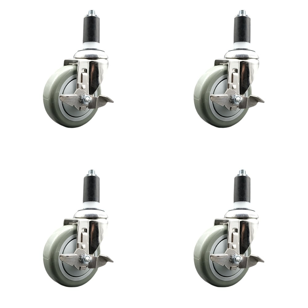 Polyurethane Swivel Stem Caster with 4 in. Gray Caster Wheels, 1.38 in. Expanding Stems - 316 Stainless Steel Casters - Set of 4