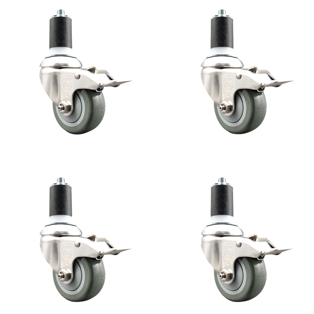 Polyurethane Swivel Stem Caster with 3 in. Gray Caster Wheels, 1.63 in. Expanding Stems - 316 Stainless Steel Casters - Set of 4