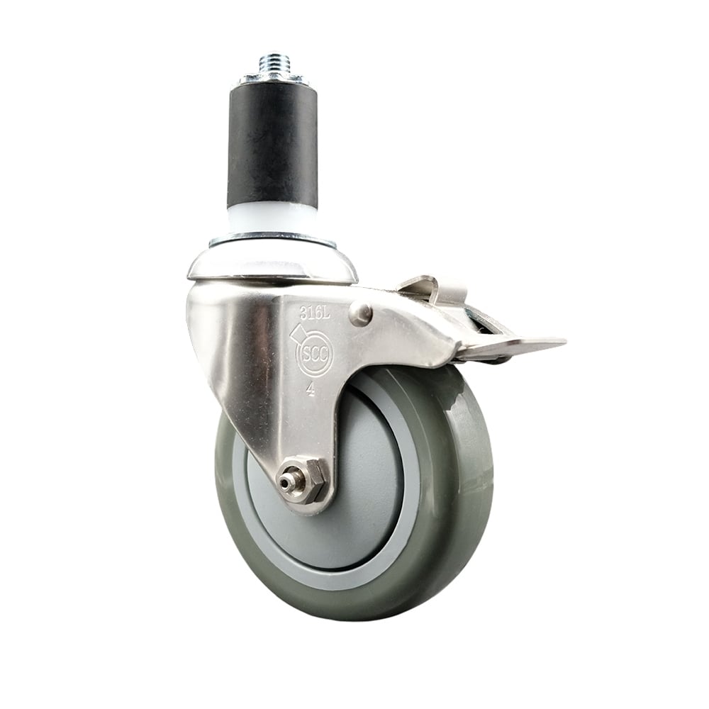 Polyurethane Swivel Stem Caster with 4 in. Gray Caster Wheels & Total Lock Brake, 1.63 in. Expanding Stem - 316 Stainless Steel Caster
