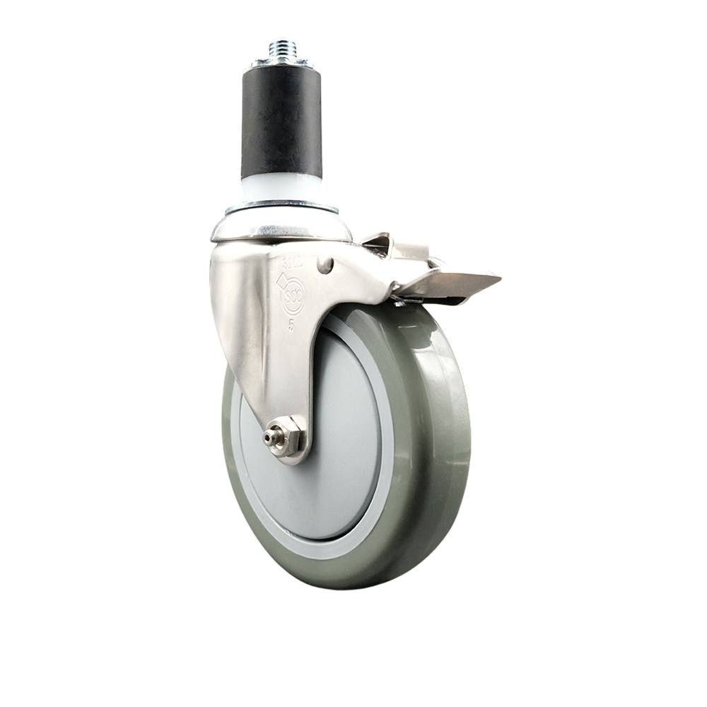 Polyurethane Swivel Stem Caster with 5 in. Gray Caster Wheels & Total Lock Brake, 1.63 in. Expanding Stem - 316 Stainless Steel Caster