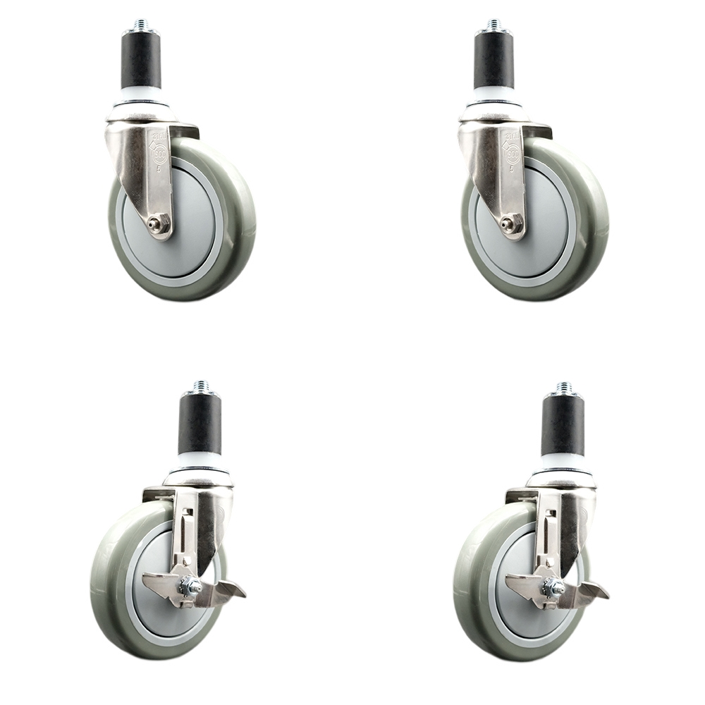 Polyurethane Swivel Stem Caster with 5 in. Gray Caster Wheels, 1.63 in. Expanding Stems - 316 Stainless Steel Casters - Set of 4