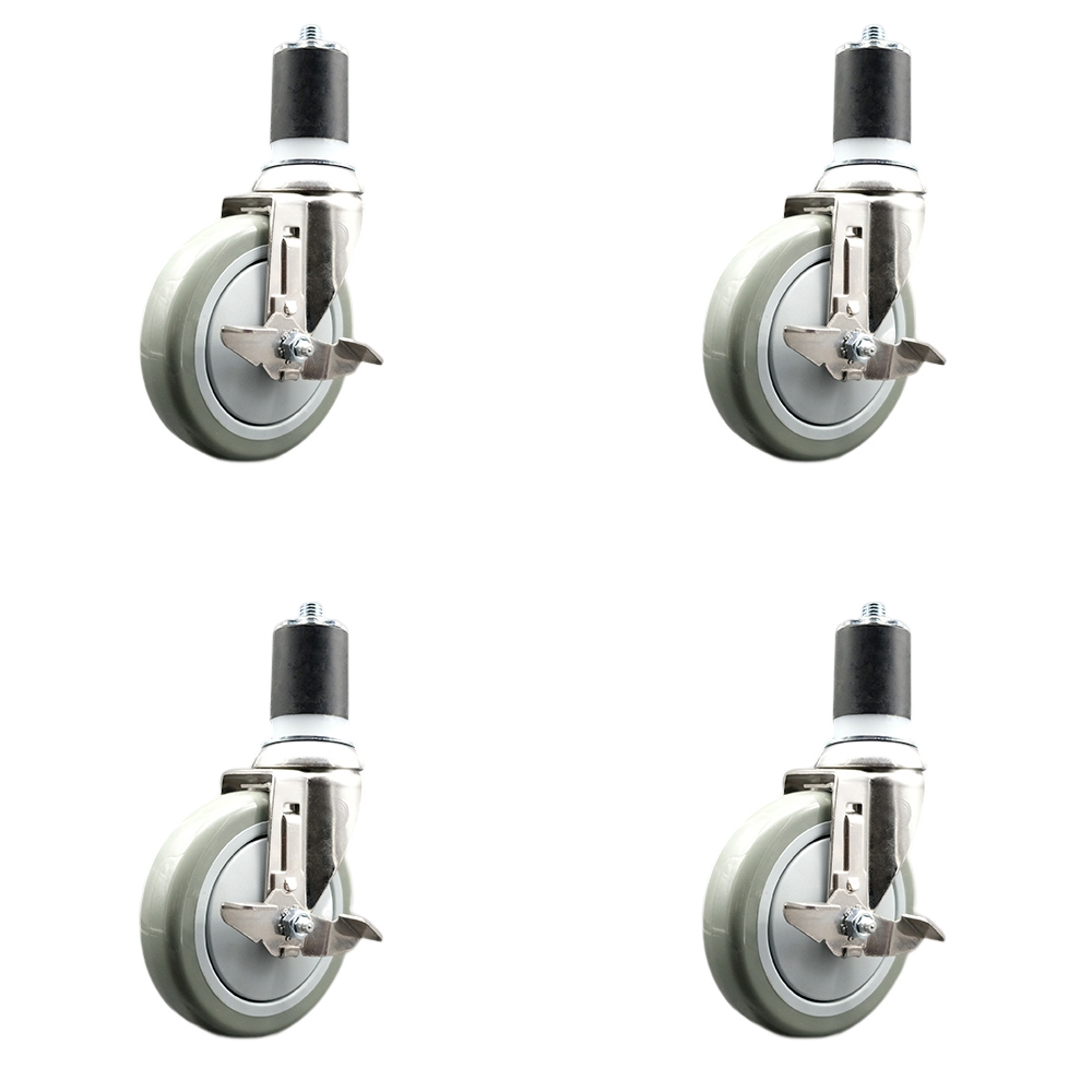 Polyurethane Swivel Stem Caster with 5 in. Gray Caster Wheels, 1.75 in. Expanding Stems - 316 Stainless Steel Casters - Set of 4