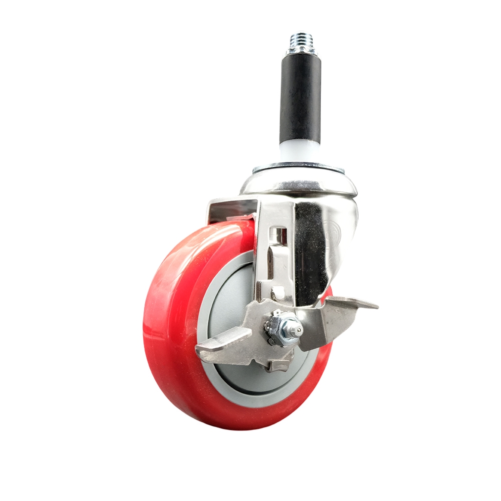 Polyurethane Swivel Stem Caster with 4 in. Red Caster Wheels & Top Lock Brake, 0.75 in. Expanding Stem - 316 Stainless Steel Caster