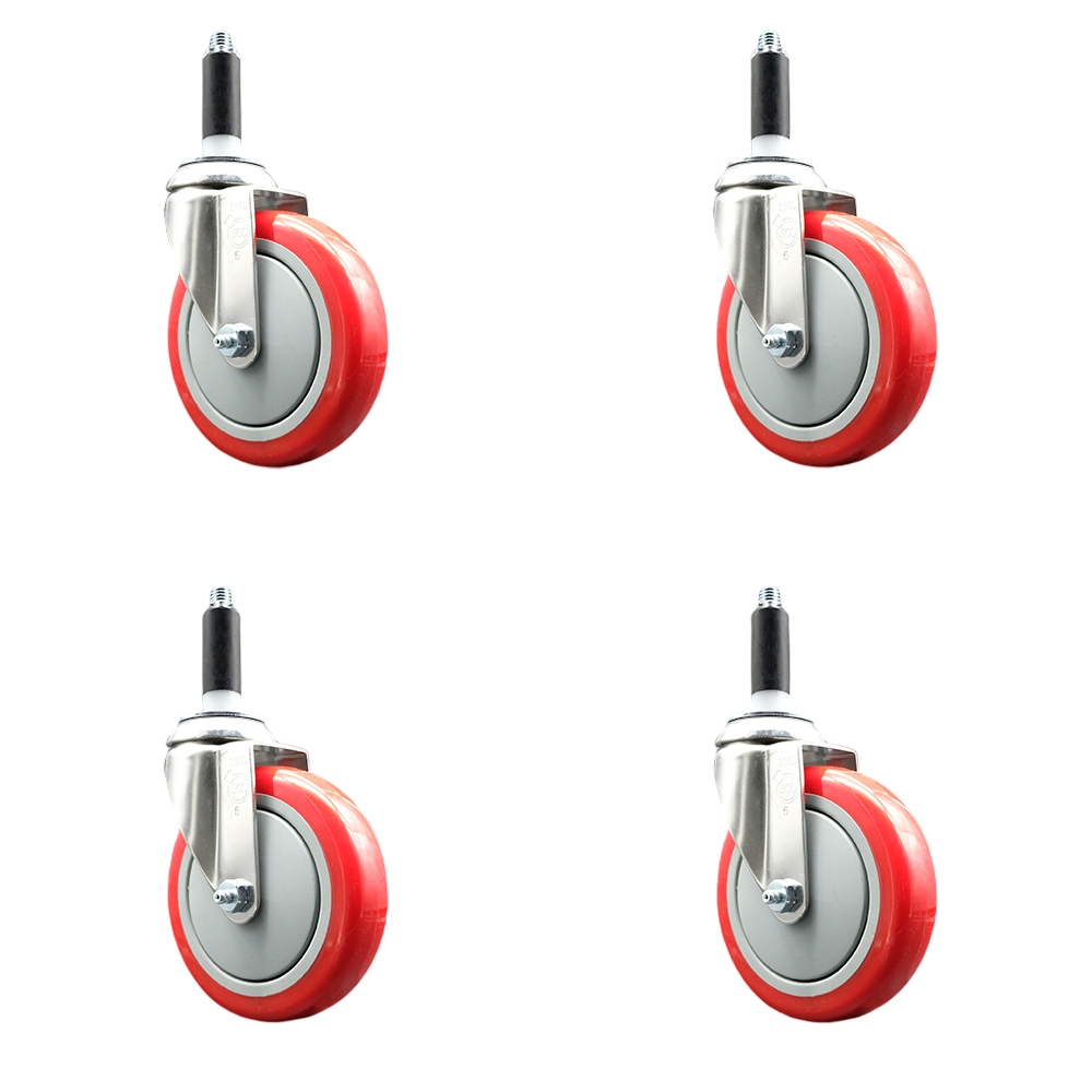 Polyurethane Swivel Stem Caster with 5 in. Red Caster Wheels, 0.75 in. Expanding Stems - 316 Stainless Steel Casters - Set of 4