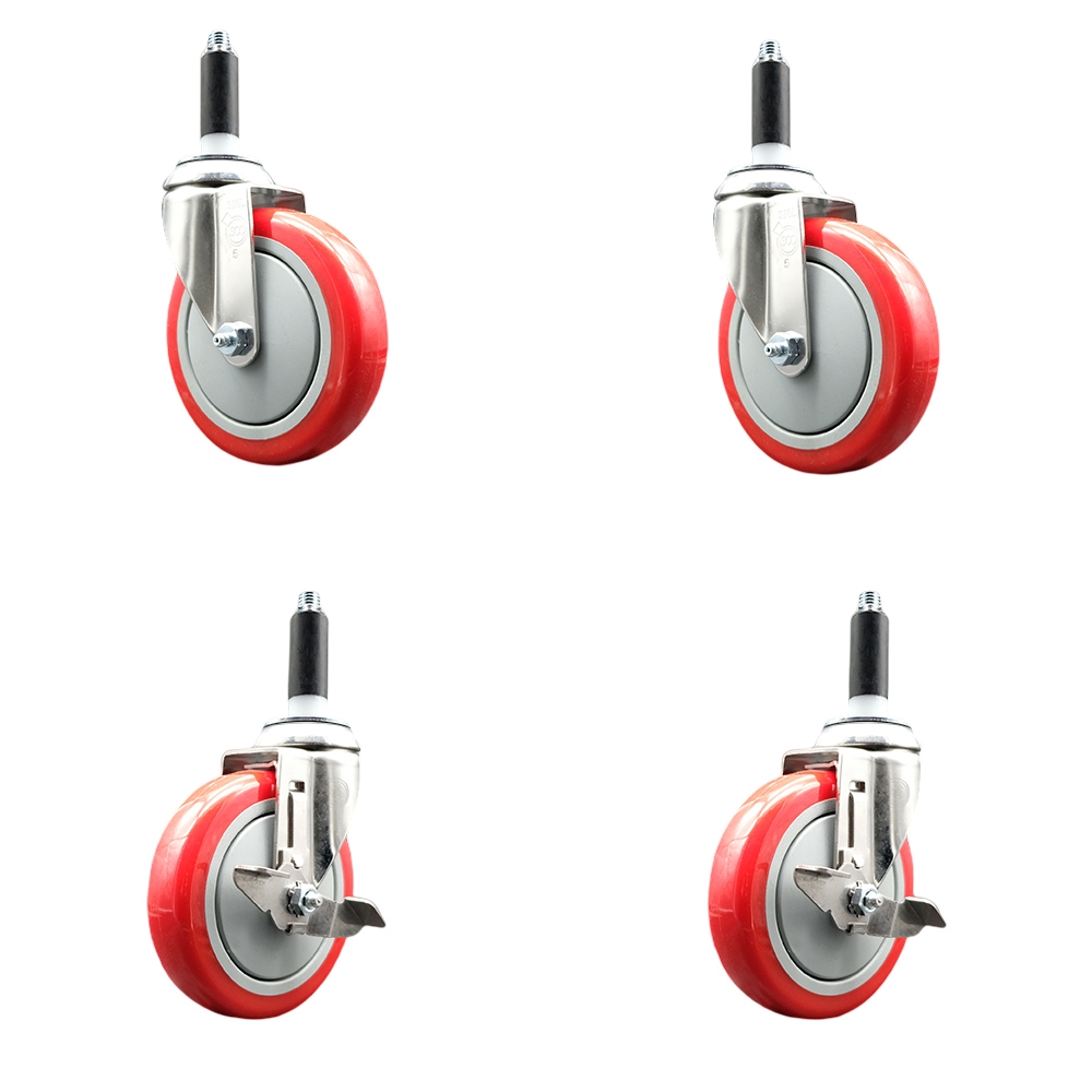 Polyurethane Swivel Stem Caster with 5 in. Red Caster Wheels, 0.87 in. Expanding Stems - 316 Stainless Steel Casters - Set of 4