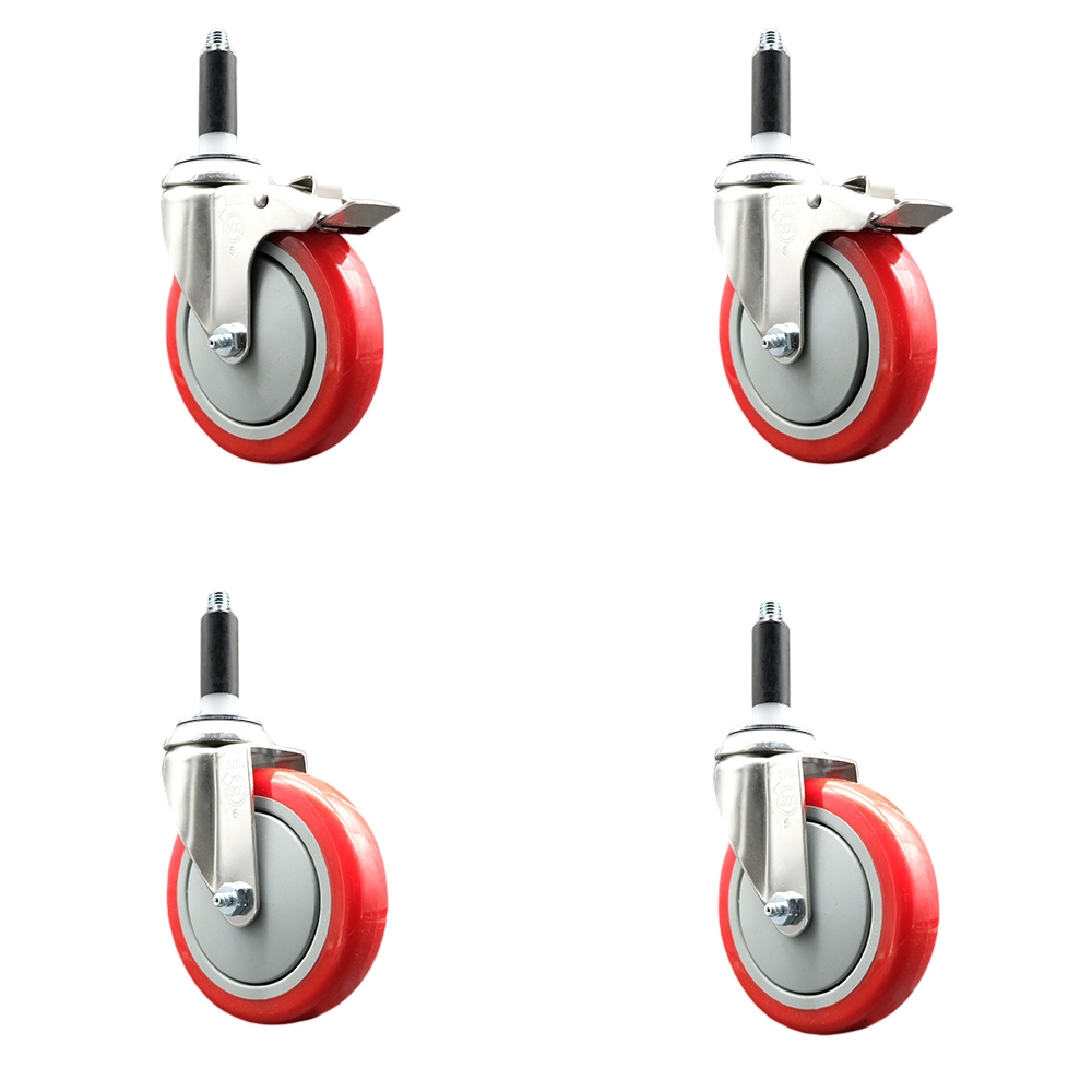 Polyurethane Swivel Stem Caster with 5 in. Red Caster Wheels, 0.87 in. Expanding Stem - 316 Stainless Steel Casters - Set of 4