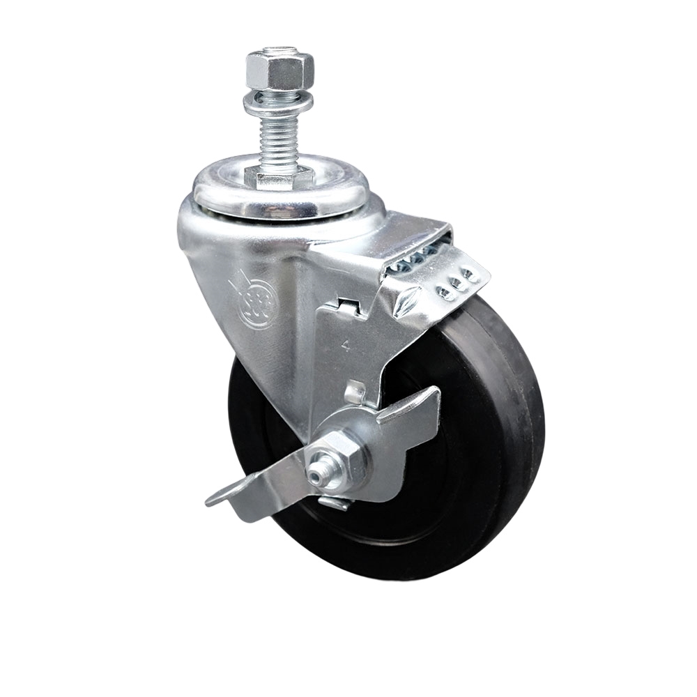 SCC-TS20S414-SRS-TLB-121315 Soft Rubber Swivel Threaded Stem Caster with 4 x 1.25 in. Black Wheel & 0.5 in. Stem & Top Locking Brake