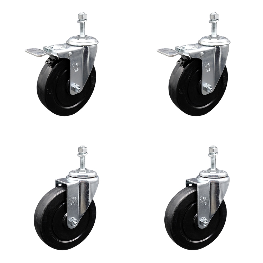 SCC-TSTTL20S514-SRS-M1015-2-S-2 Soft Rubber Swivel Threaded Stem Caster with 5 x 1.25 in. Black Wheels & 10 mm Stems - Set of 4
