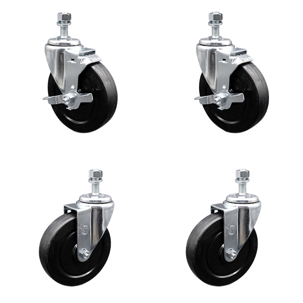 SCC-TS20S514-SRS-M1215-2-TLB-2 Soft Rubber Swivel Threaded Stem Caster with 5 x 1.25 in. Black Wheels & 12 mm Stems - Set of 4