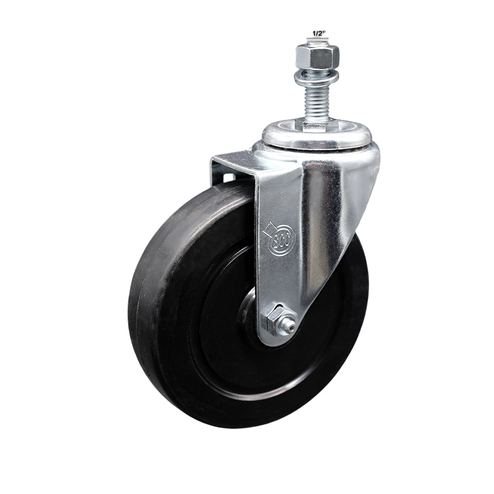 SCC-SSTS20S514-SRS-121315 Stainless Steel Soft Rubber Swivel Threaded Stem Caster with 5 x 1.25 in. Black Wheel & 0.5 in. Stem