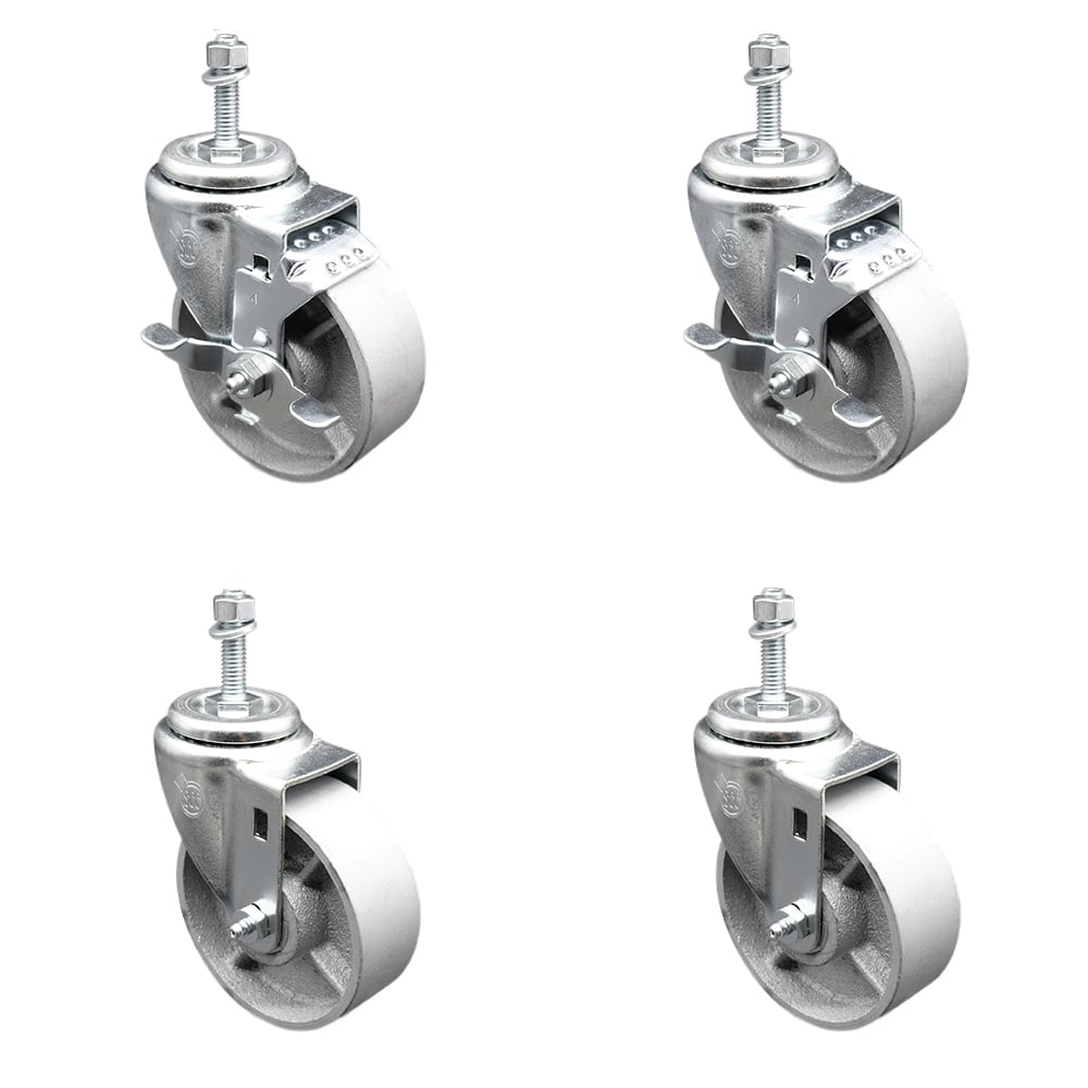 Semi Steel Cast Iron Swivel Threaded Stem Caster with Roller Bearing 4 x 1.5 in. Silver Wheels & 10 mm Stems - Set of 4