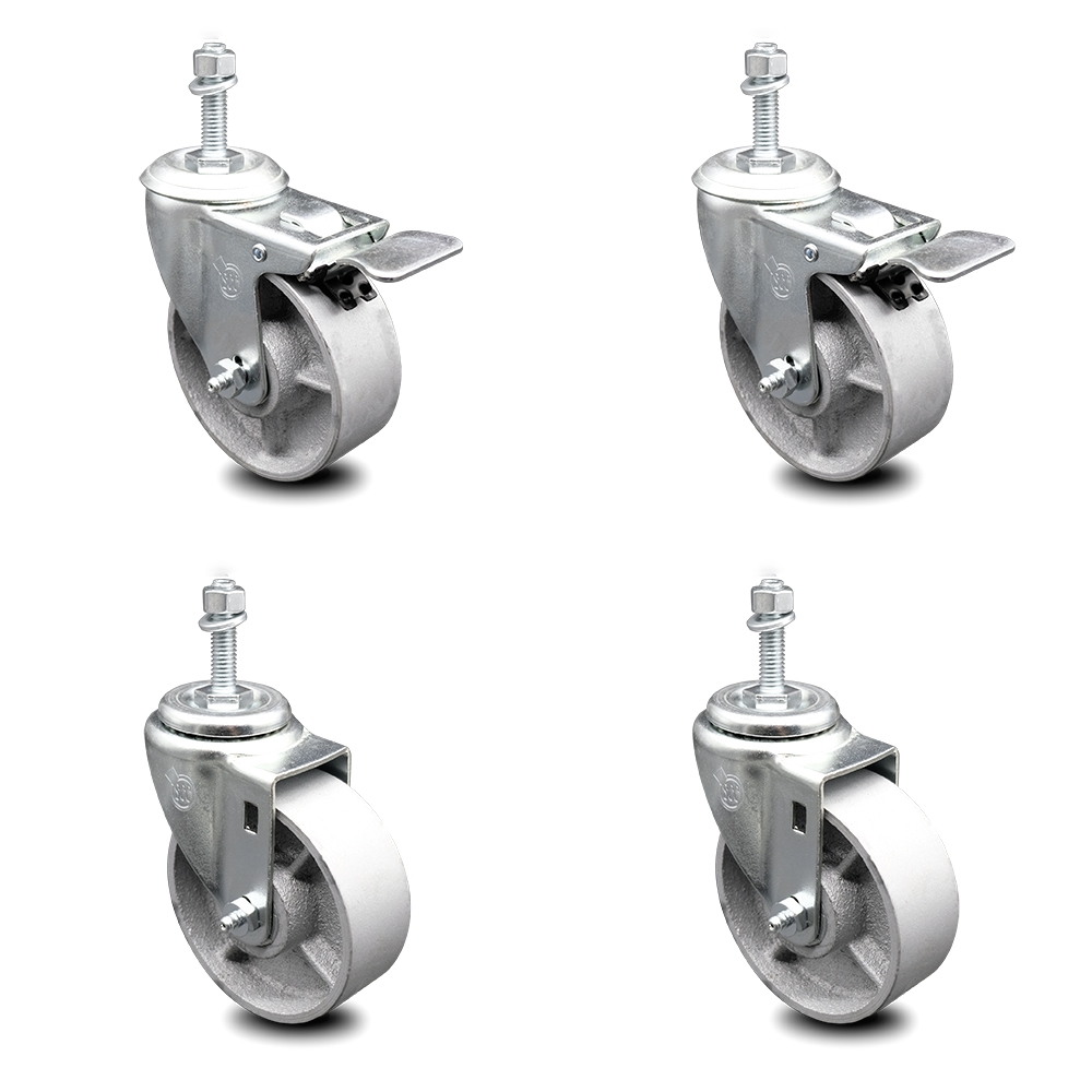 Semi Steel Cast Iron Swivel Threaded Stem Caster with Roller Bearing 4 x 1.5 in. Silver Wheels & 12 mm Stems - Set of 4