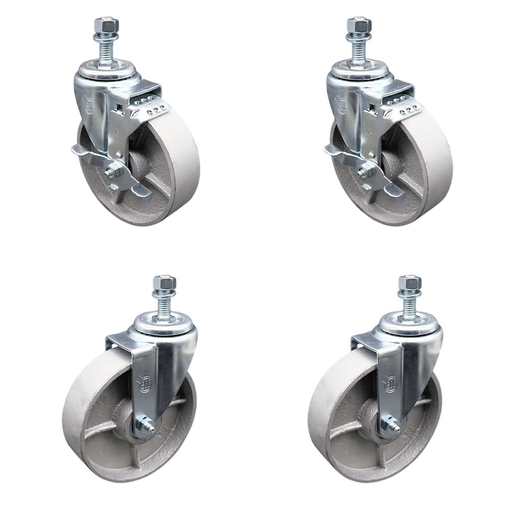 Semi Steel Cast Iron Swivel Threaded Stem Caster with Roller Bearing 5 x 1.5 in. Silver Wheels & 0.5 in. Stems - Set of 4