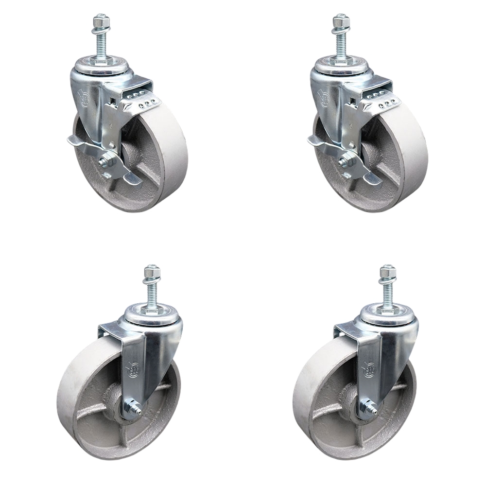 Semi Steel Cast Iron Swivel Threaded Stem Caster with Roller Bearing 5 x 1.5 in. Silver Wheels & 0.38 in. Stems - Set of 4