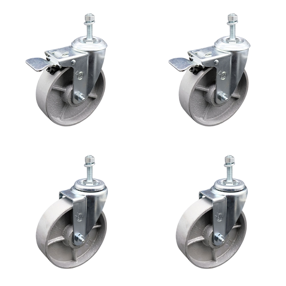 Semi Steel Cast Iron Swivel Threaded Stem Caster with Roller Bearing 5 x 1.5 in. Silver Wheels & 10 mm Stems - Set of 4