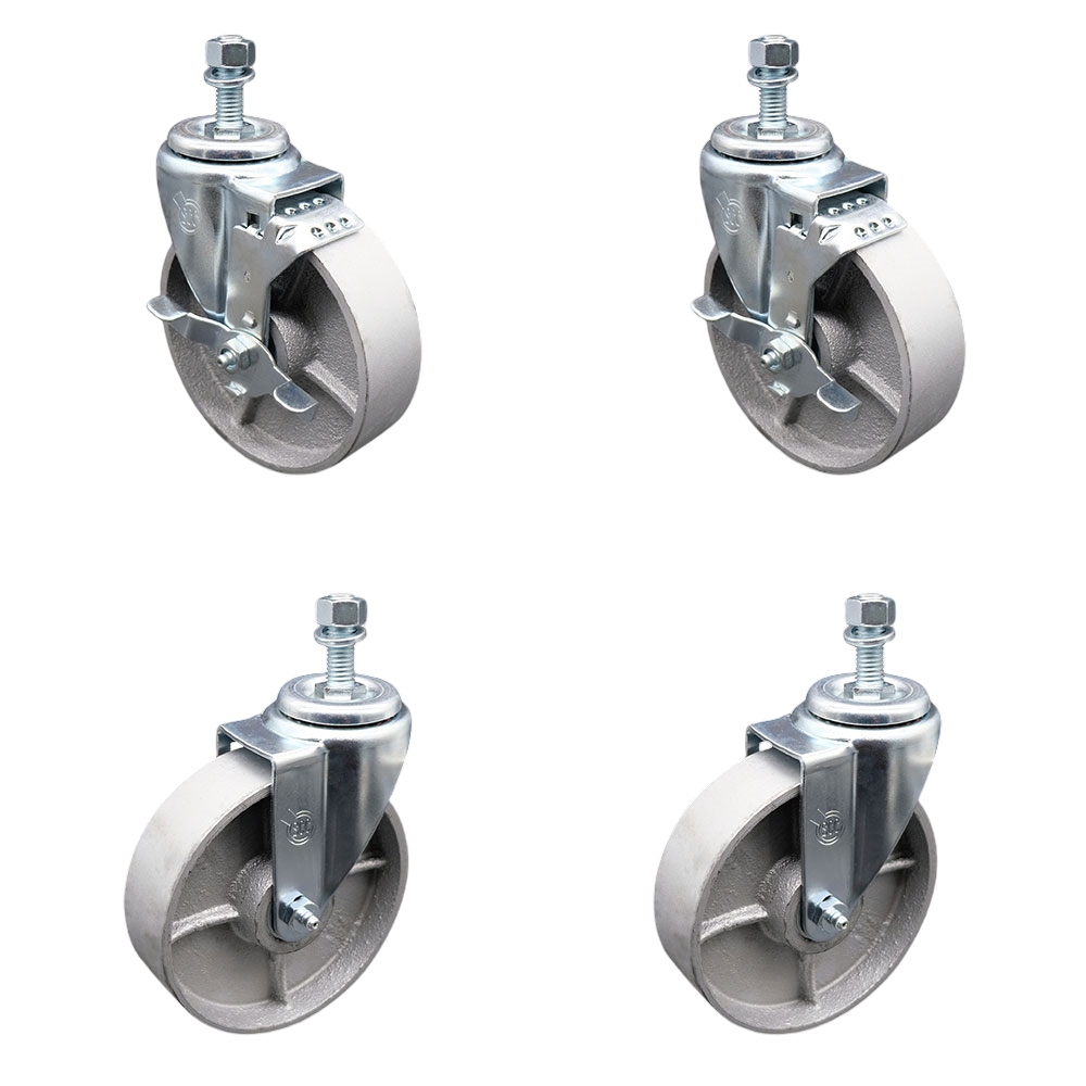 Semi Steel Cast Iron Swivel Threaded Stem Caster with Roller Bearing 5 x 1.5 in. Silver Wheels & 12 mm Stems - Set of 4