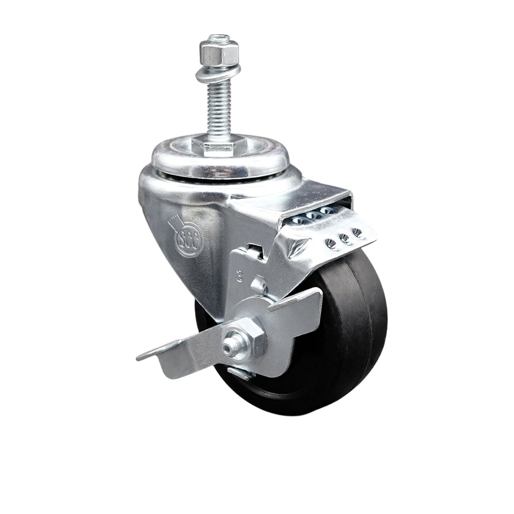 SCC-TS20S3514-SRS-TLB-381615 Soft Rubber Swivel Threaded Stem Caster with 3.5 x 1.25 in. Black Wheel & 0.38 in. Stem & Top Locking Brake