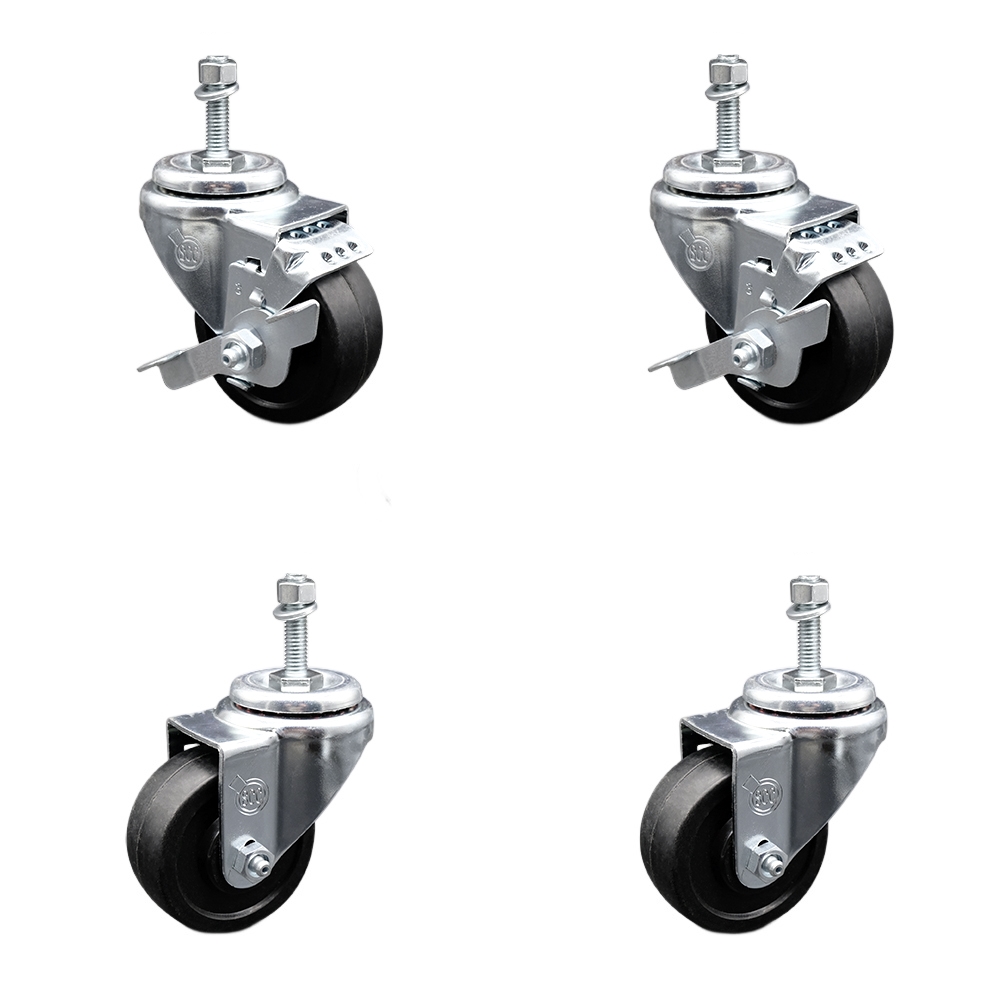 SCC-TS20S3514-SRS-M1015-2-TLB-2 Soft Rubber Swivel Threaded Stem Caster with 3.5 x 1.25 in. Black Wheels & 10 mm Stems - Set of 4