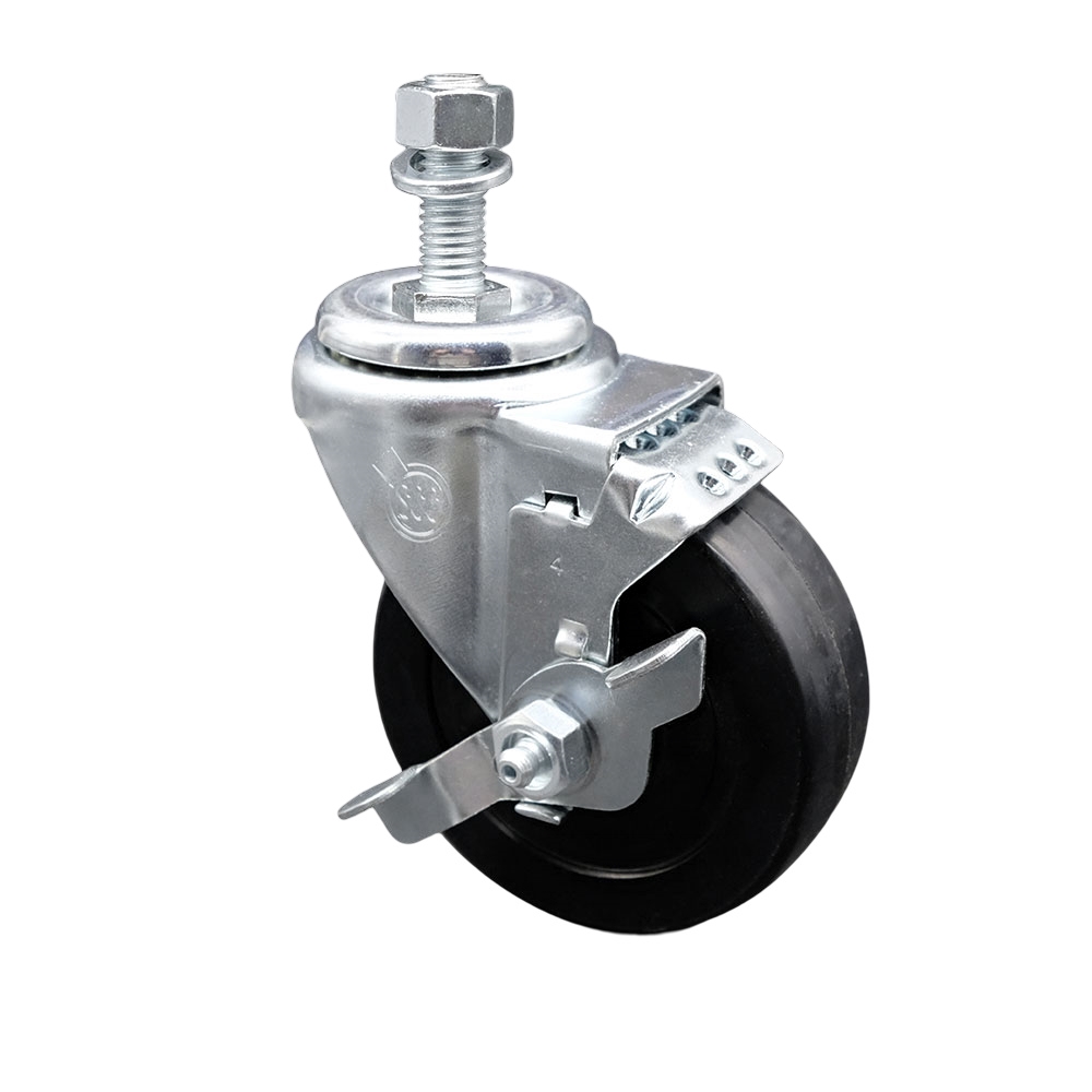 SCC-TS20S414-SRS-TLB-M1215 Soft Rubber Swivel Threaded Stem Caster with 4 x 1.25 in. Black Wheel & 12 mm Stem & Top Locking Brake