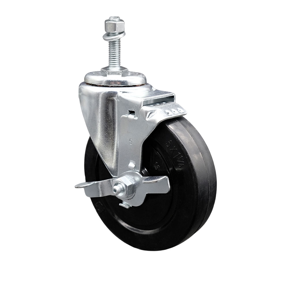 Stainless Steel Soft Rubber Swivel Threaded Stem Caster with 5 x 1.25 in. Black Wheel & 0.38 in. Stem & Top Locking Brake