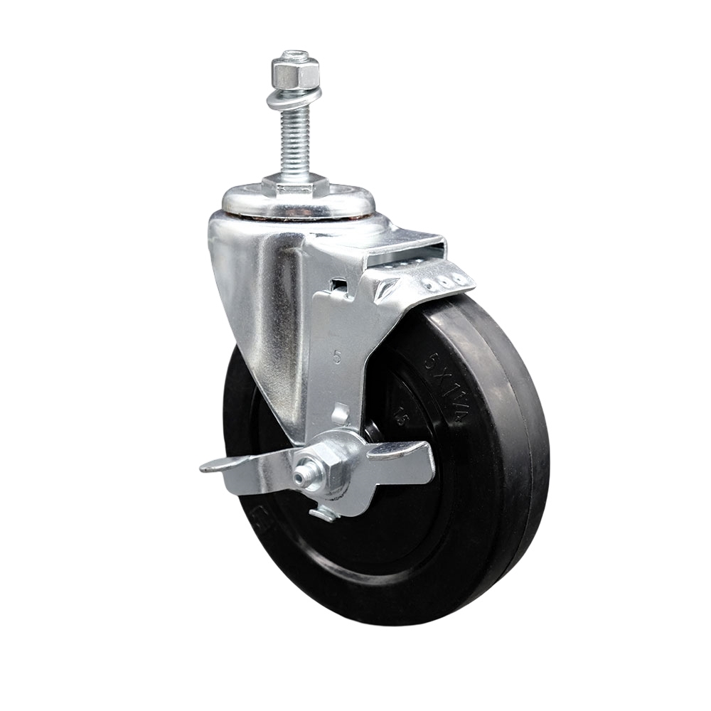 SCC-SSTS20S514-SRS-TLB-M1015 Stainless Steel Soft Rubber Swivel Threaded Stem Caster with 5 x 1.25 in. Black Wheel & 10 mm Stem & Top Locking Brake