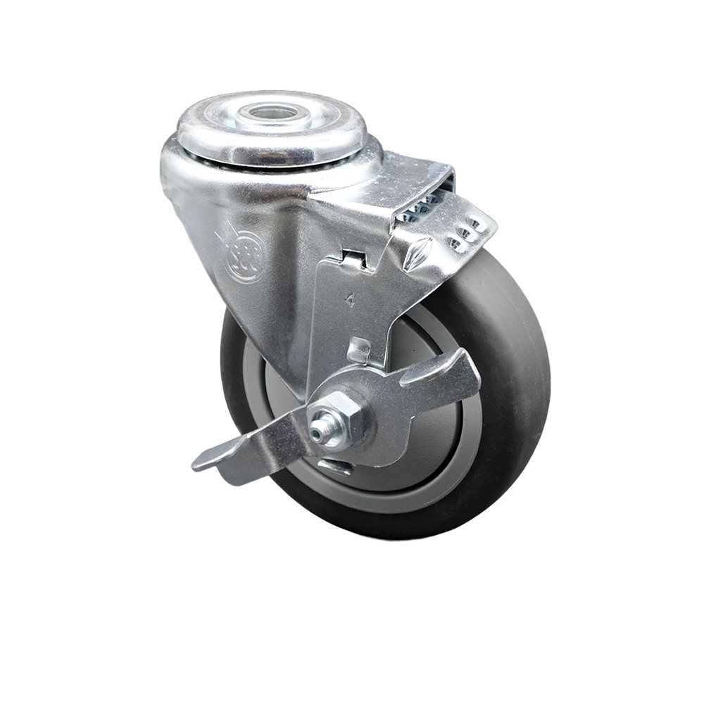 SCC-SSBH20S414-TPRB-TLB Stainless Steel Thermoplastic Rubber Swivel Bolt Hole Caster, 4 x 1.25 in. Gray Wheel & Top Locking Brake