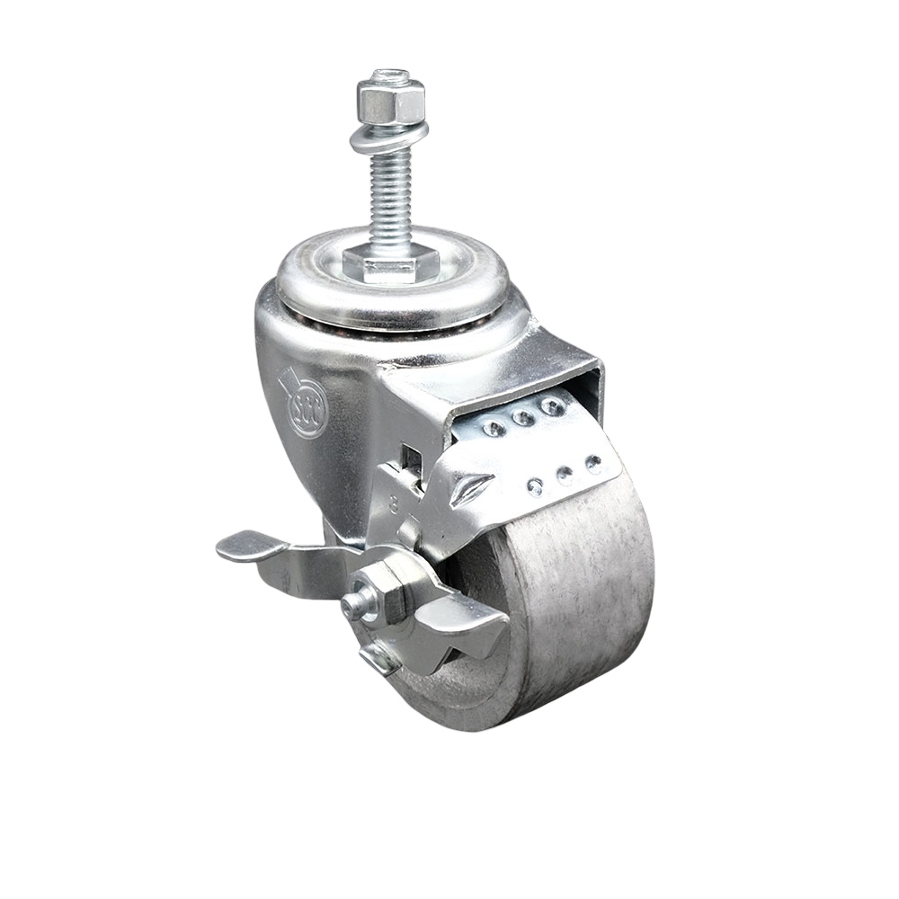 Semi Steel Cast Iron Swivel Threaded Stem Caster with Roller Bearing 3 x 1.5 in. Silver Wheel & 10 mm Stem & Top Locking Brake