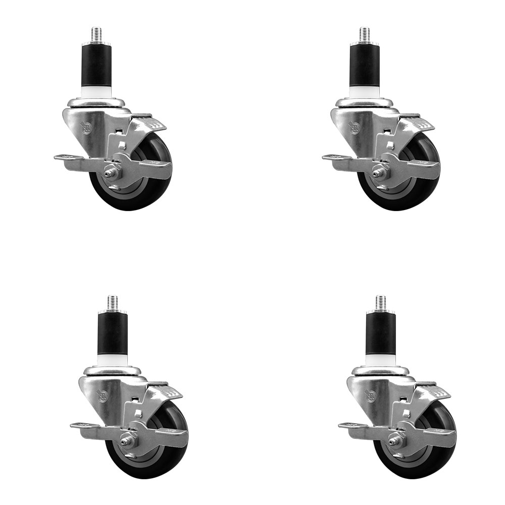 Stainless Steel Polyurethane Swivel Expanding Stem Caster with 3 in. Black Wheels & 1.5 in. Stems 4 Swivel with Top Locking Brake - Set of 4