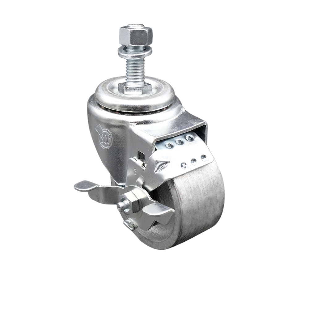 SCC-TS20S314-SSS-TLB-M1215 Semi Steel Cast Iron Swivel Threaded Stem Caster with 3 x 1.25 in. Silver Wheel & 12 mm Stem & Top Locking Brake