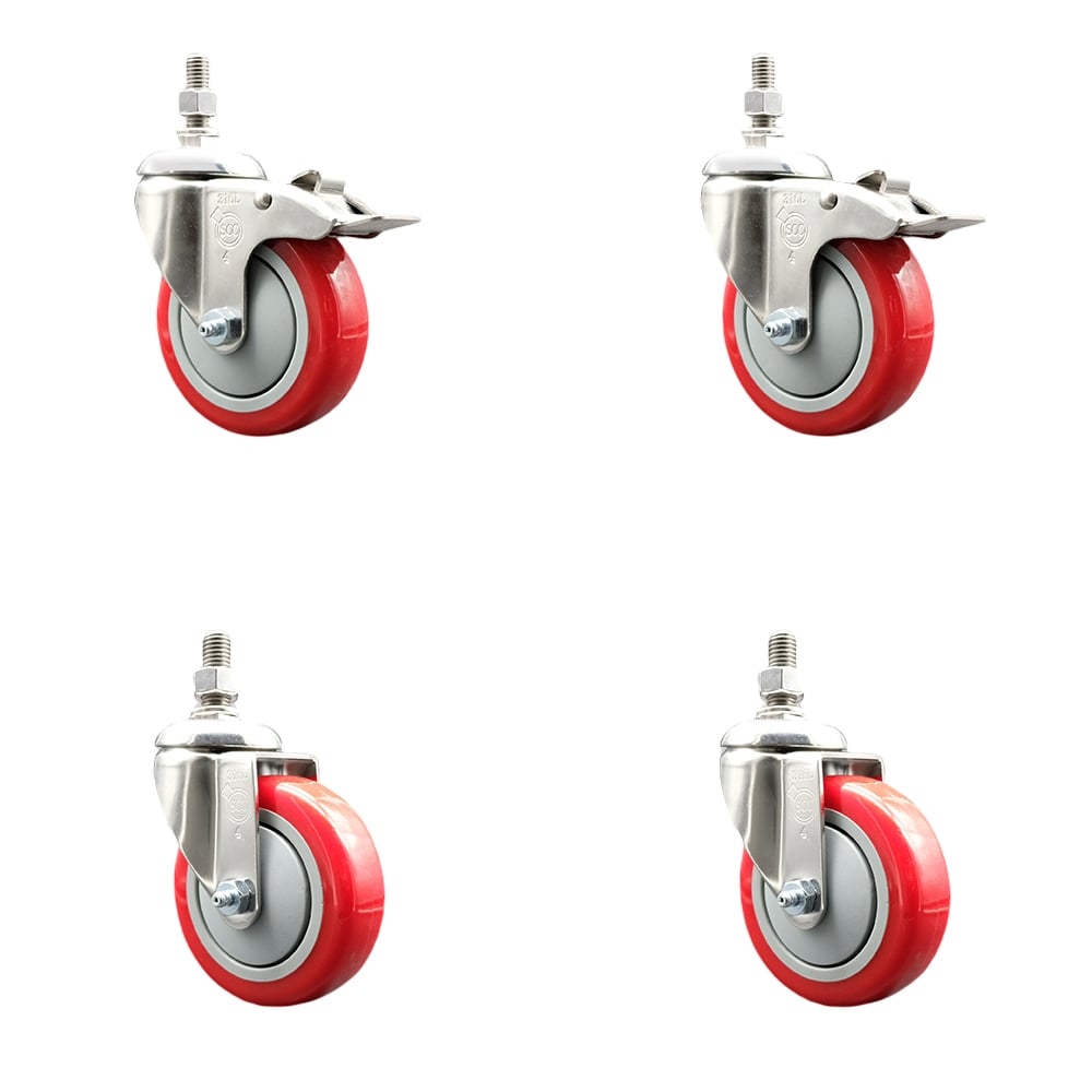 Poly Swivel Stem Caster with 4 in. Red Caster Wheels, 0.38 in. Threaded Stems - 316 Stainless Steel Casters - Set of 4