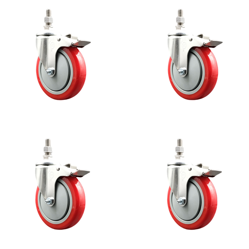 Polyurethane Swivel Stem Caster with 5 in. Red Caster Wheels, 0.38 in. Threaded Stems - 316 Stainless Steel Casters - Set of 4