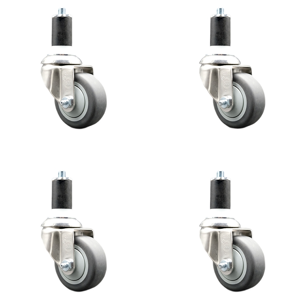 Thermoplastic Rubber Swivel Stem Caster with 3 in. Gray Caster Wheels, 1.63 in. Expanding Stems - 316 Stainless Steel Casters - Set of 4