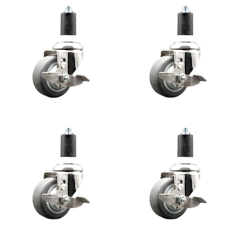 Thermoplastic Rubber Swivel Stem Caster with 3 in. Caster Wheels, 1.63 in. Expanding Stems - 316 Stainless Steel Casters - Set of 4