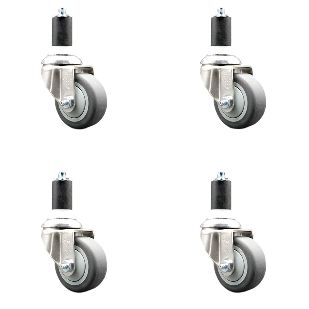 Thermoplastic Rubber Swivel Stem Caster with 3.5 in. Gray Caster Wheels, 1.63 in. Expanding Stems - 316 Stainless Steel Casters - Set of 4