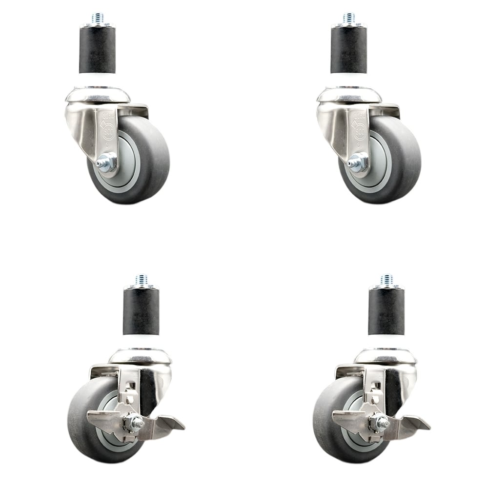 Thermoplastic Rubber Swivel Stem Caster with 3 in. Caster Wheels, 1.75 in. Expanding Stems - 316 Stainless Steel Casters - Set of 4