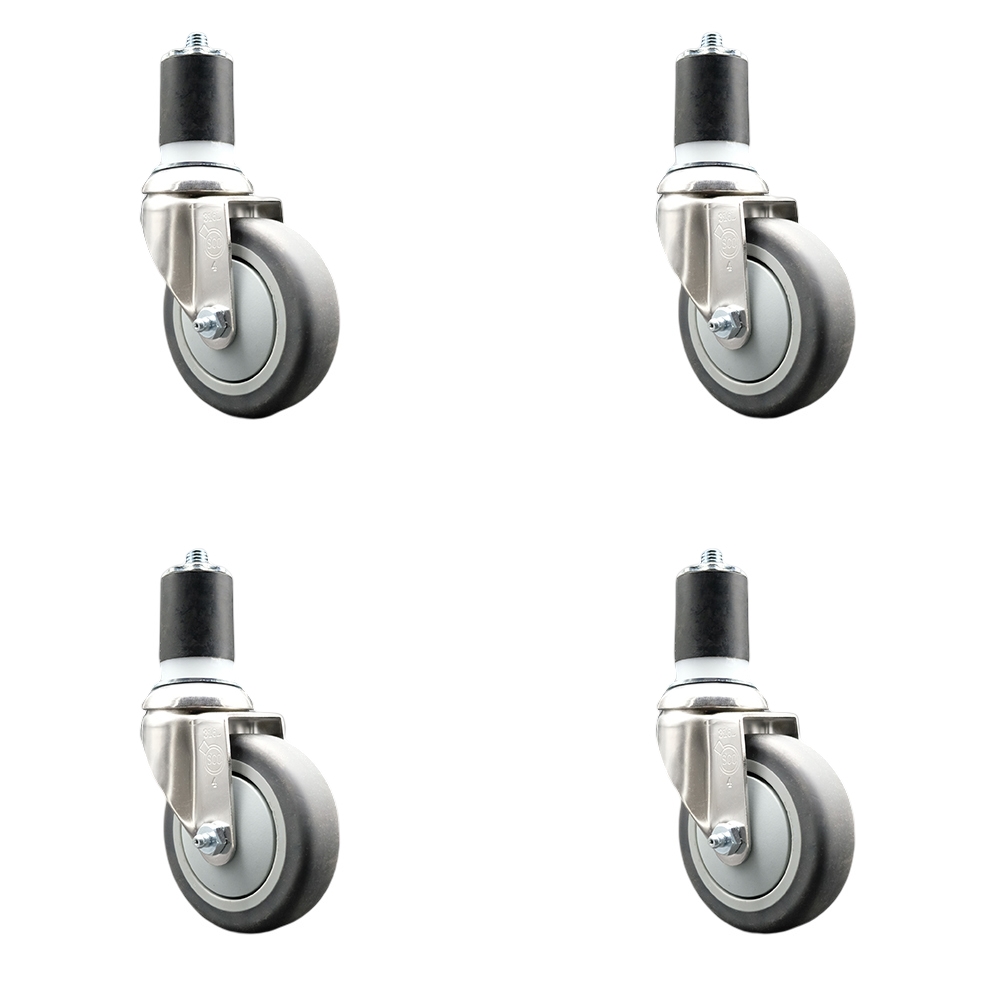 Thermoplastic Rubber Swivel Stem Caster with 4 in. Gray Caster Wheels, 1.87 in. Expanding Stems - 316 Stainless Steel Casters - Set of 4