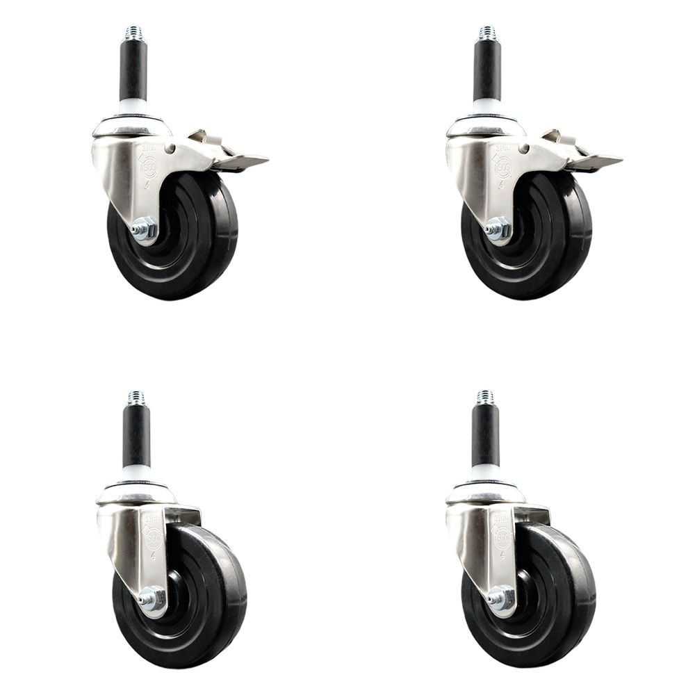 Soft Rubber Swivel Stem Caster with 4 in. Caster Wheels 0.75 in. Expanding Stem 316 Stainless Steel Casters - Set of 4